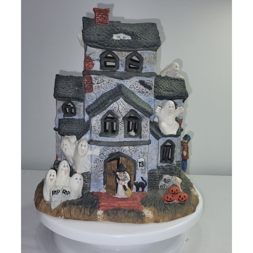 Old World Christmas Halloween Haunted House Lighted Ceramic Ghosts 1987 DAMAGED
